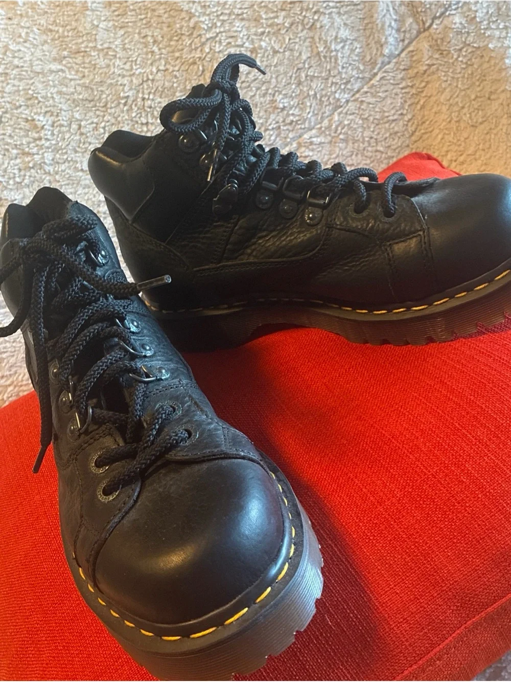 Dr. Martens Black Leather Lace-Up Boots with Yellow Stitching